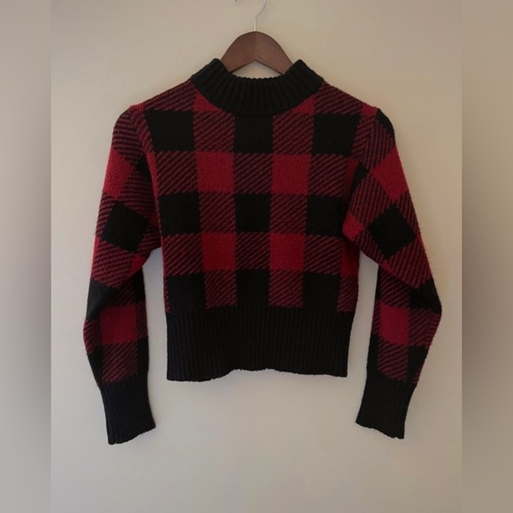 Poof New York Sweaters - Poof New York Red and Black Gingham Crop Top Long Sleeve Sweater